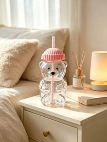 1Pc Cute Bear Shaped Heat Resistant Glass Cup With Lid & Straw, Honey Bear Sippy Mug For Coffee Beer Wine Cocktail, Home Kitchen Party Drinkware, Xmas New Year Gift. - Multicolor - View 6