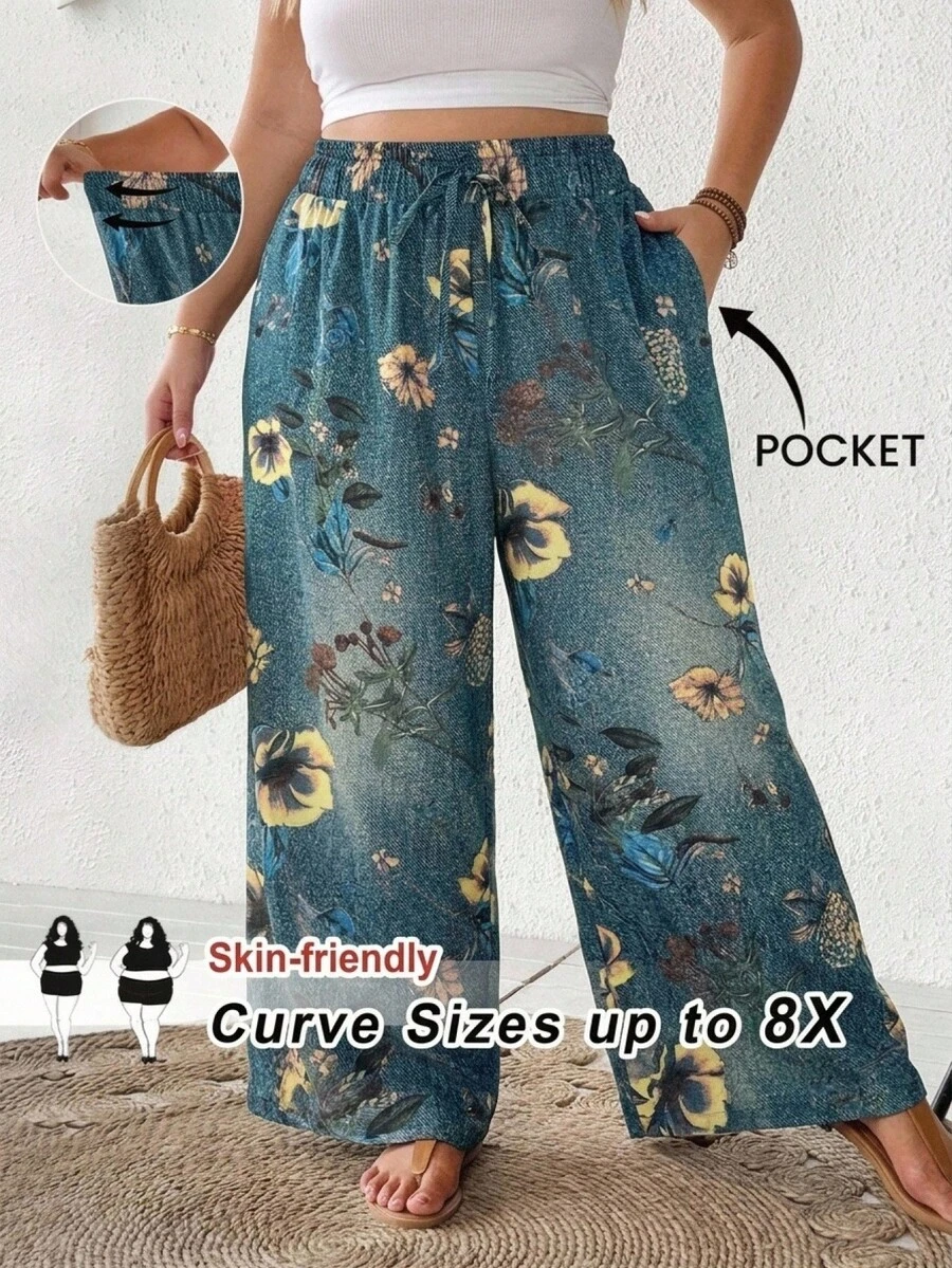SHEIN CURVE+ بنطلون فضفاض بطبعة زهور وتأثير جينز للمقاسات الكبيرة - متعدد الألوان - مشاهدة 1