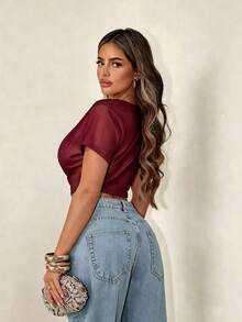 Sirith New Solid Color Deep V-Neck Sexy Cropped T-Shirt Top - Burgundy - View 2