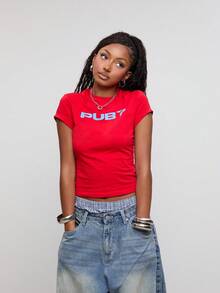 COUREZ Short Sleeve Slogan Print Baby Tee / Y2K Graphic Tee Print Tee Fall Winter Outfits Cute Tops Crop Top Short Sleeve Tops For Women Going Out Tops - Red - View 1