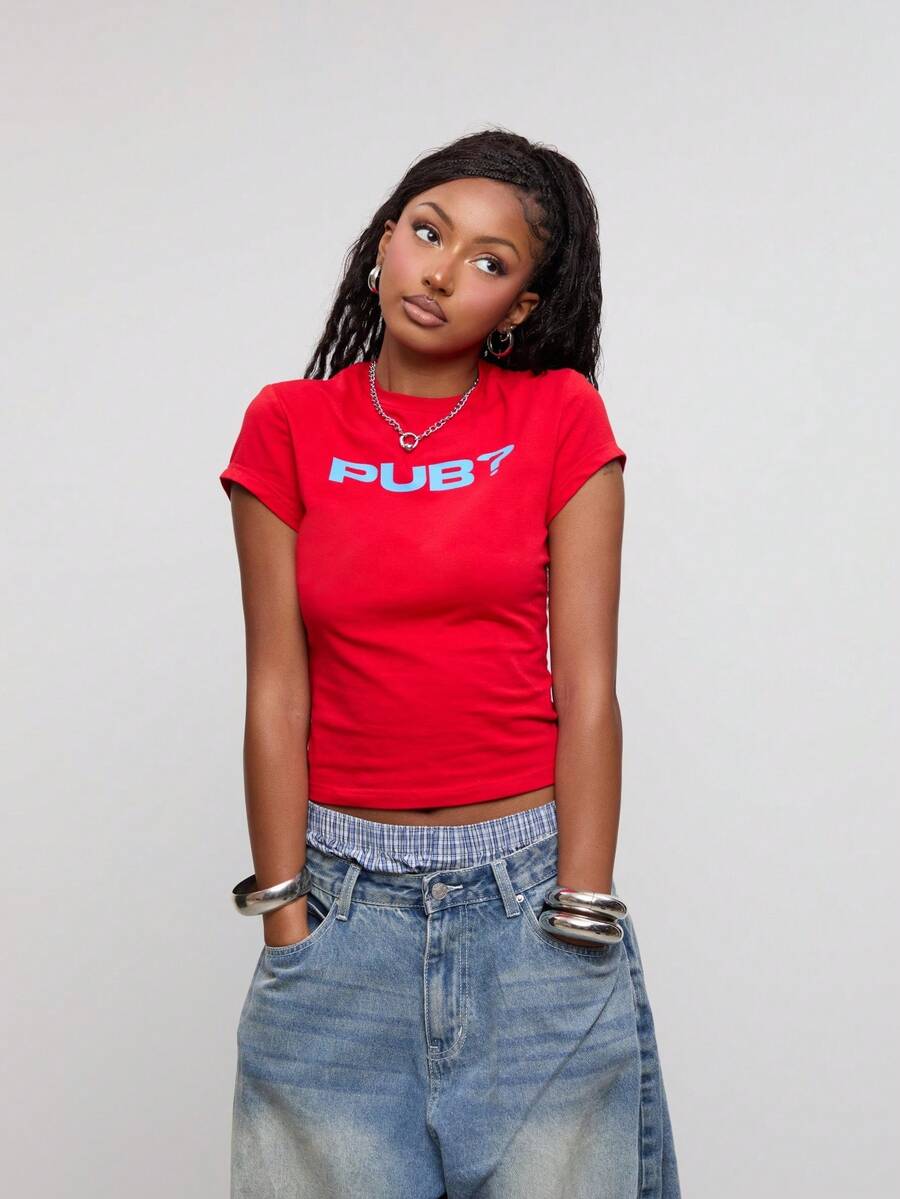 COUREZ Short Sleeve Slogan Print Baby Tee / Y2K Graphic Tee Print Tee Fall Winter Outfits Cute Tops Crop Top Short Sleeve Tops For Women Going Out Tops - Red - View 1