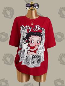 Betty Boop x SHEIN 女款字母印花圓領休閒T恤 - 紅色 - 查看 9