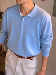 DAZY Blue Solid Color Polo Collar Commuter Long Sleeve Men's Sweater - Blue - View 1