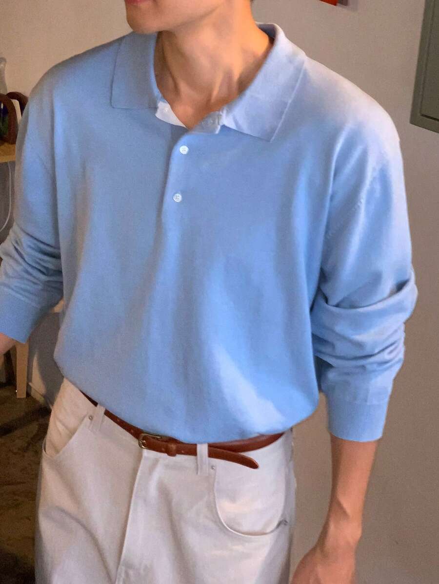 DAZY Blue Solid Color Polo Collar Commuter Long Sleeve Men's Sweater - Blue - View 1