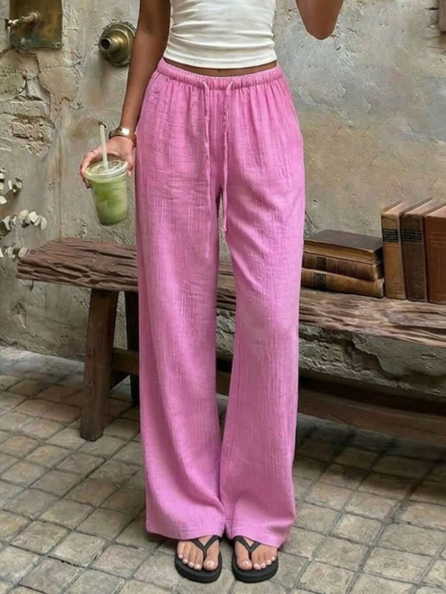 Flirla 2026新款柔软棉纱休闲宽松低腰纯色抽绳直筒裤,浅紫色,女款 - 淡紫色 - 查看 1