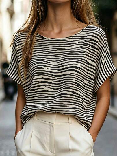 Trelyra Camisa casual de mujer holgada y estilizada con cuello redondo, rayas y manga corta