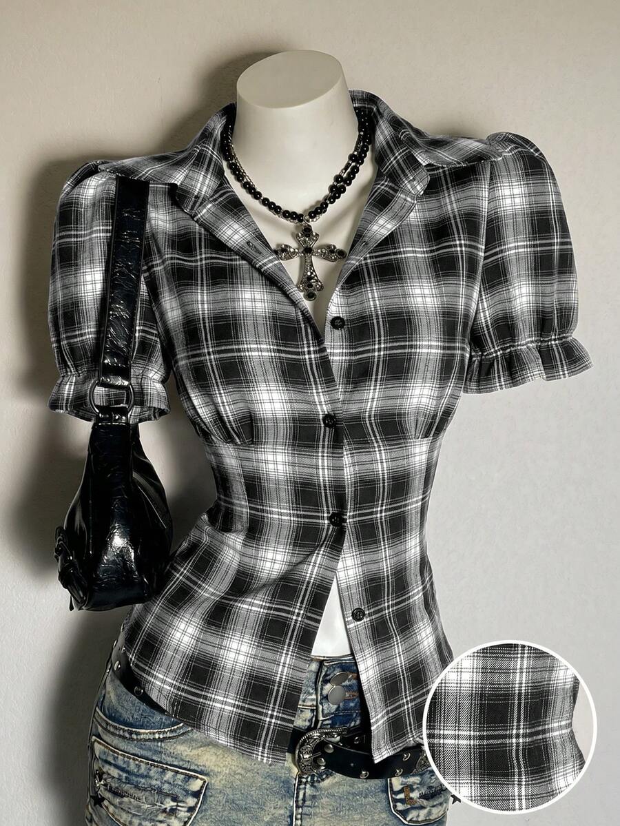 Attitoon Women's Plaid Single-Breasted Casual Versatile Daily Wear Shirt - Black and White - View 1