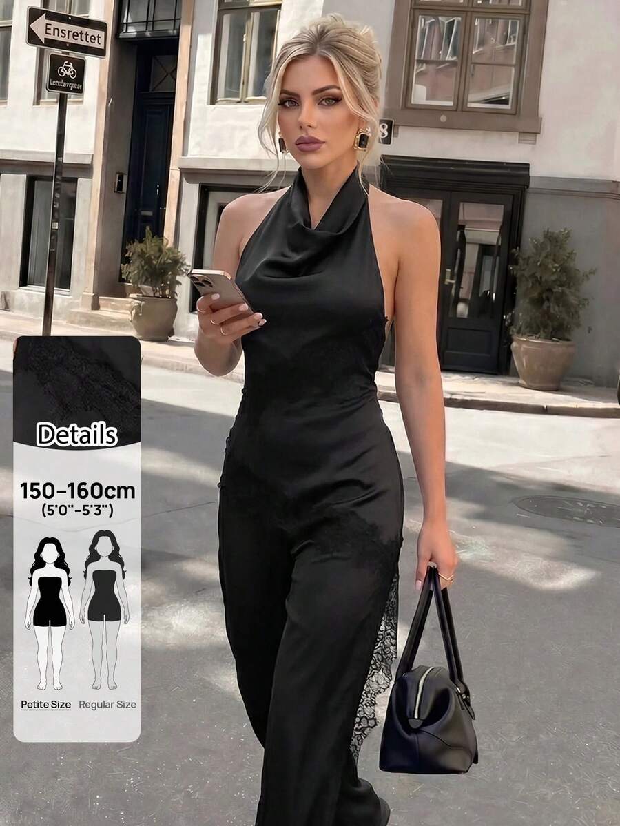 SHEIN PETITE 女款性感優雅蕾絲拼接不對稱下擺露背掛脖背心上衣 夏季夜生活雞尾酒會約會之夜黑色