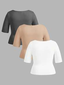 SHEIN BASICS 3件裝休閒純色針織方領短袖修身大尺碼T恤 - 彩色 - 查看 2
