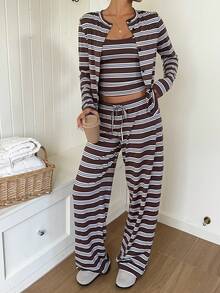 SHEIN EZwear 女款棕色條紋細肩帶背心、長褲與開襟衫休閒法式日常居家居家服旅行套裝，適合秋季早午餐旅行 - 彩色 - 查看 6