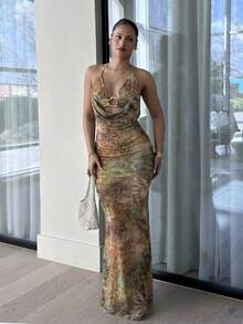 leahseptember 女士针织网纱露背吊带印花鱼尾长裙 - 彩色 - 查看 3