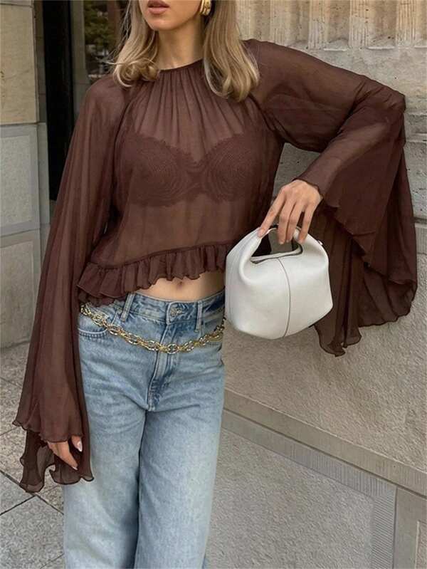 Aloruh Women's Elegant Crew Neck Multi-Layer Ruffle Hem Loose Bell Sleeve Knit Mesh Long Sleeve T-Shirt