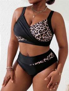 Slaydiva Plus Size Women 2pcs Black & Pink Splice Ruched Tankini Swimwear Set, Summer Beach Holiday - Multicolor - View 5