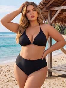 SHEIN CURVE+ Quần bikini cạp cao màu đen trơn dáng rủ phong cách nhiệt đới cho tiệc bãi biển nghỉ hè 2026, size lớn - màu đen - Xem 6
