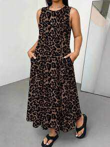 Shapeblank Plus Size Women's Leopard Print Round Neck Pocket Casual Sleeveless Dress - Multicolor - View 4