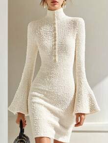Balvessa Solid Color Stand Collar Flared Sleeve Fitted Knit Dress - White - View 2