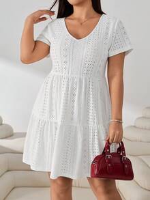 Solflare White Plus Size Women's Hollow Embroidery Short Sleeve Ruffle Hem Casual Boho Bohemian Dress Dinner Vacation Summer - White - View 4