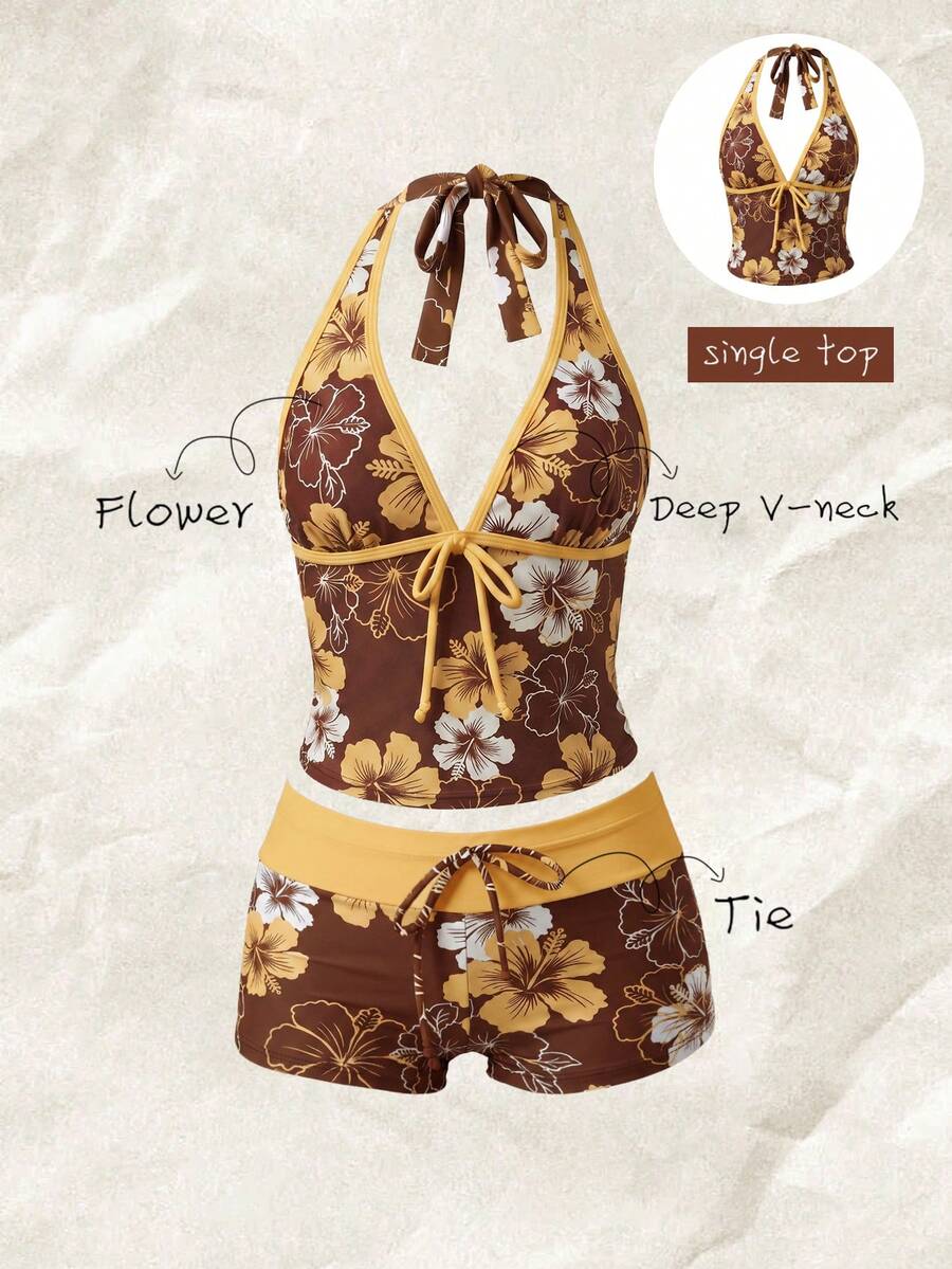 Elavelle Women's Random Print Spaghetti Strap Bow Tie Camisole Bikini Top, Spring/Summer - Multicolor - View 1