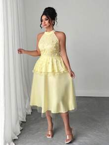 SHEIN Clasi Plus Size Women's Elegant Sleeveless Halter Neck 3D Floral Double Layer Mesh Dress, Summer Outings, Parties, Dates, Wedding Butter Yellow - Yellow - View 8