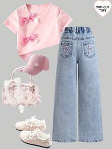 SHEIN Girls' Denim Jeans Y2K Style, Light Blue Vintage Wash, Featuring Bow Embroidery On The Back Pockets; Stylish And Versatile. - Light Wash - View 4