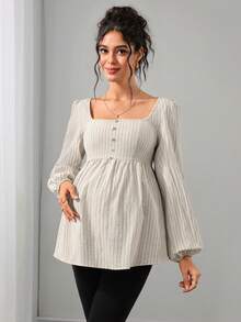 Momance Maternity Striped Square Neck Top, Loose And Comfortable Photoshoot Fall And Winter Maternity - Apricot - View 4