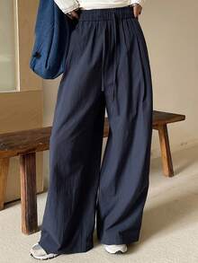 Dazy Tall Celana Panjang Kasual Wanita dengan Pinggang Elastis, Longgar, dan Lebar untuk Musim Gugur - Navy Blue - View 5