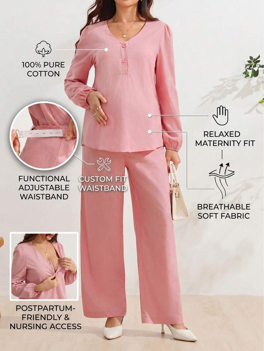 SHEIN 孕婦純色哺乳上衣可調腰帶休閒日常2件套 - 粉色 - 查看 1