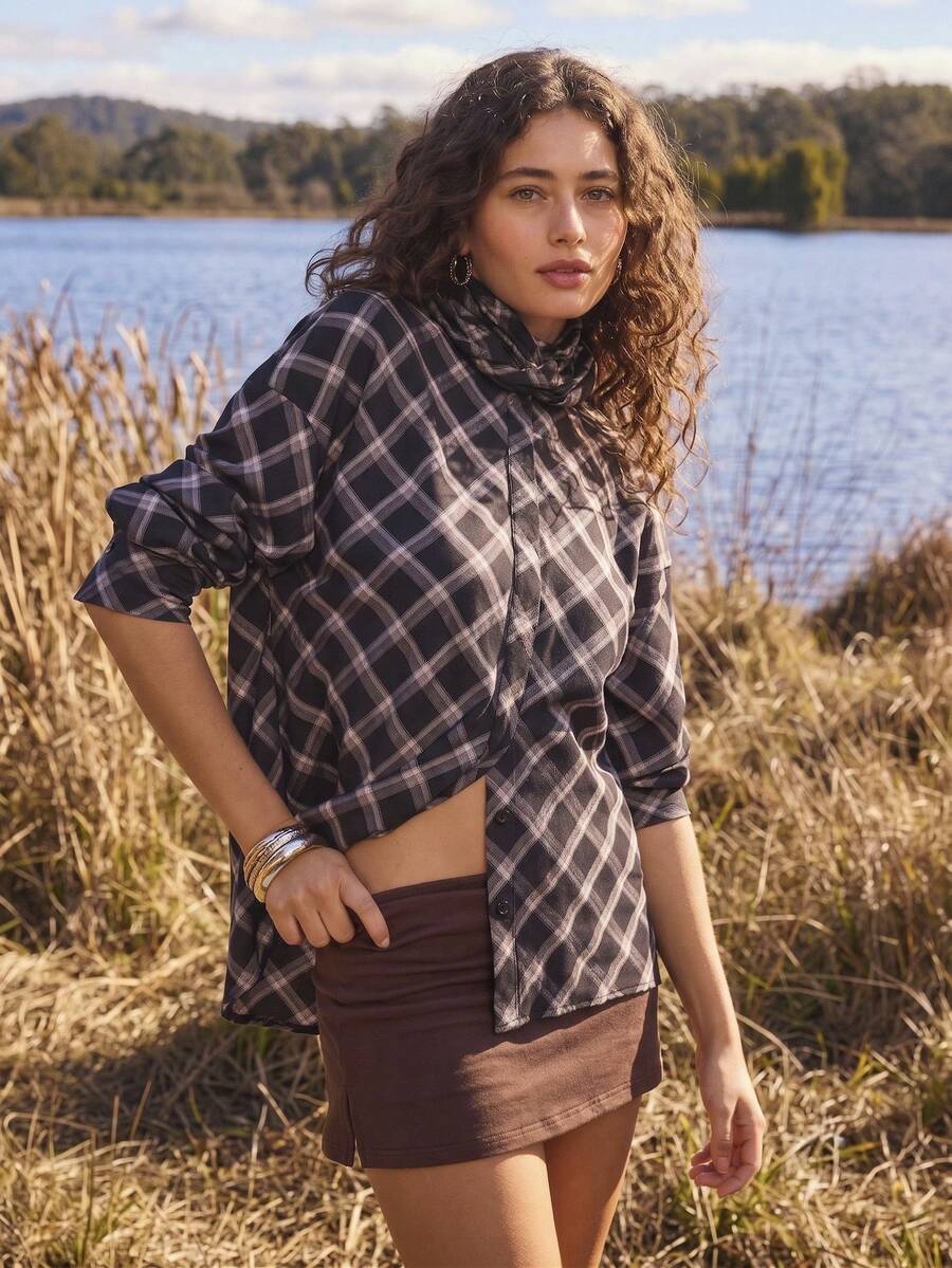 Aralina Women Plaid Tie Neck Blouse Long Sleeve Button Elegant Shirt Loose Fit Bow Front Office Casual Going Out World Cup 2026 - Multicolor - View 1