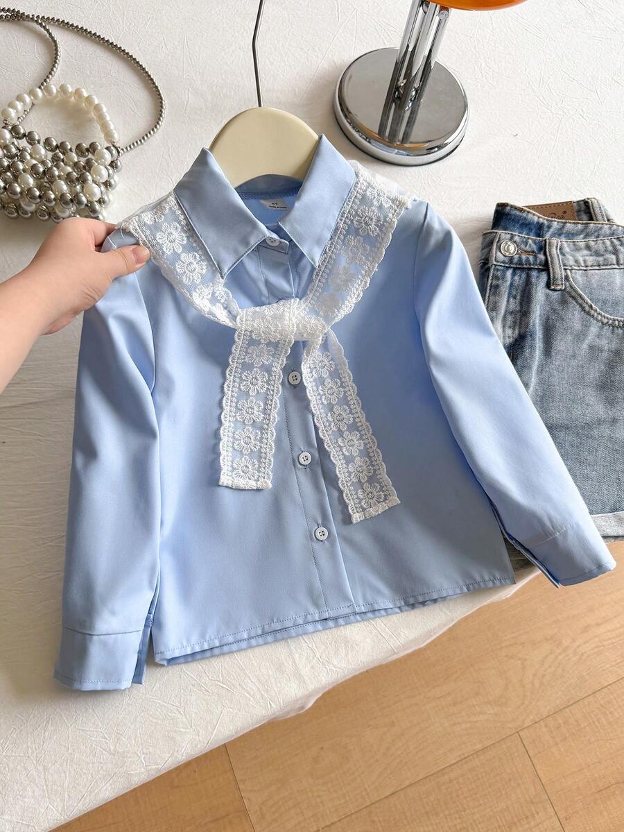 SHEIN 女童韓式簡約藍色長袖襯衫,附白色蕾絲披肩 - 彩色 - 查看 1