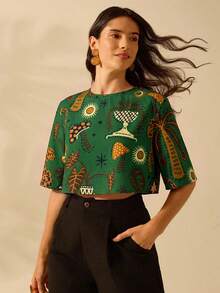 CAJUNI Women's Boho Tropical Animal & Plant Colorful Print, Vacation Casual Summer Crop Top - Dark Green - View 5