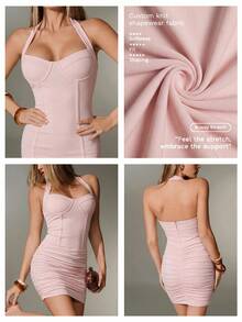 Nuvra Women's Fashion Sexy High Neck Short Sleeve Ruched Mini Dress With Tummy Control And Butt Lifting - Coral Pink - View 3