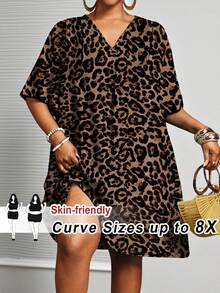 SHEIN CURVE+ Vestido casual holgado de manga corta con cuello en V y estampado de leopardo, talla grande, para negocios, otoño invierno 2026 22W - Multicolor - Ver 1