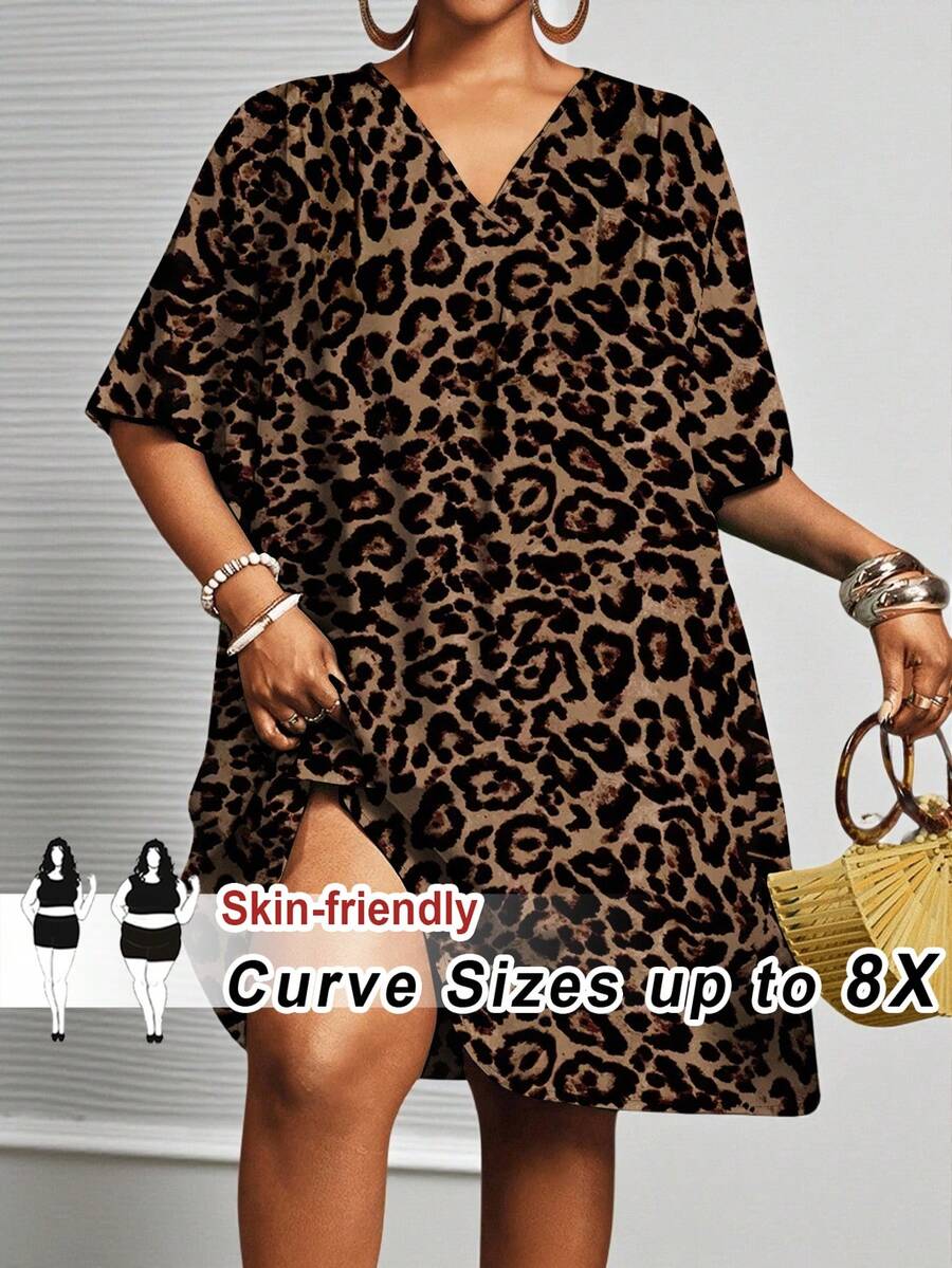 SHEIN CURVE+ Vestido casual holgado de manga corta con cuello en V y estampado de leopardo, talla grande, para negocios, otoño invierno 2026 22W - Multicolor - Ver 1