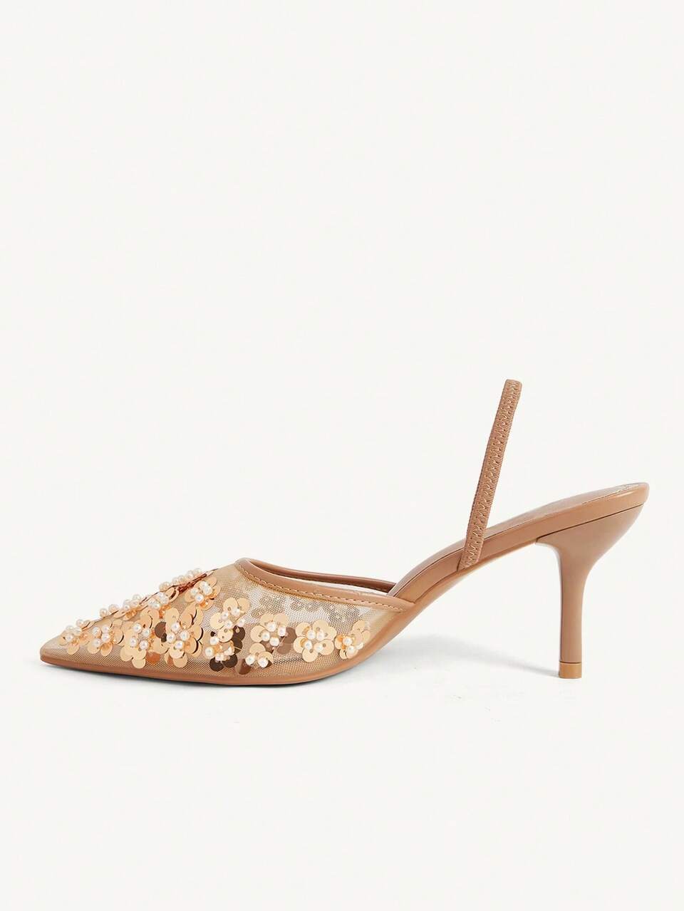 CUCCOO CHICEST Ladies Beige Mesh Flower Pearl Pointed Mules High Heel Slippers, Slim Elastic Strap Slim Heel Sandals, Elegant Gouches Bridal Wedding Shoes