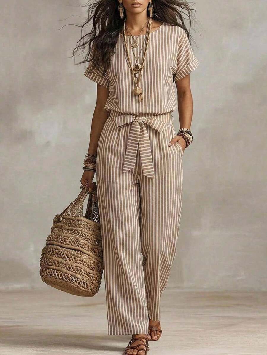 EMERY ROSE Women's Striped Print Shirt And Pants 2 Pieces Set - Multicolor - View 1