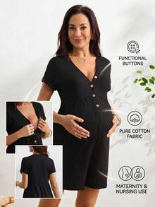 SHEIN Maternity Summer Casual Soft Form Normal Solid Color Nursing Romper Lounge Homewear Formal Black - Black - View 1