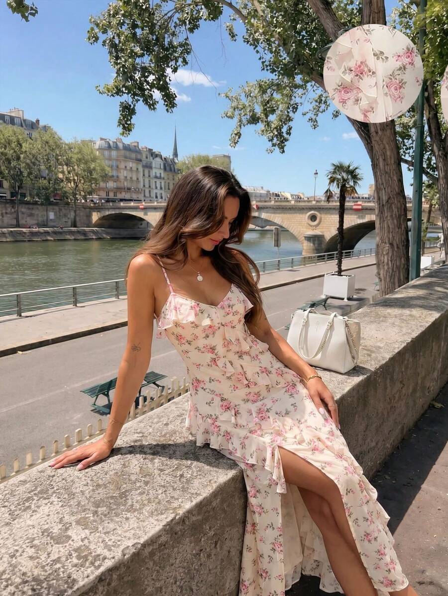 SHEIN MOD Chic Sleeveless V Neck Floral Ruffled Midi Dress For Women Casual Bohemian Boho Wedding Romantic Elegant Summer Slit Design Prom Pink Floral - Multicolor - View 1