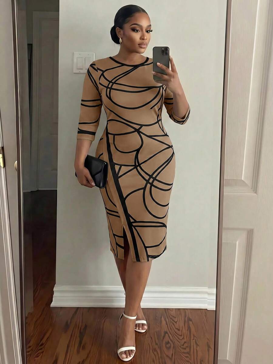 SHEIN Lady CURVE 大尺碼女款圓領拼色休閒日常夏秋洋裝 - 卡其色 - 查看 1