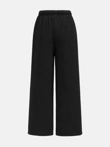 SHEIN 少女秋冬加絨加厚簡約抽繩寬鬆運動直筒長褲 - 黑色 - 查看 6