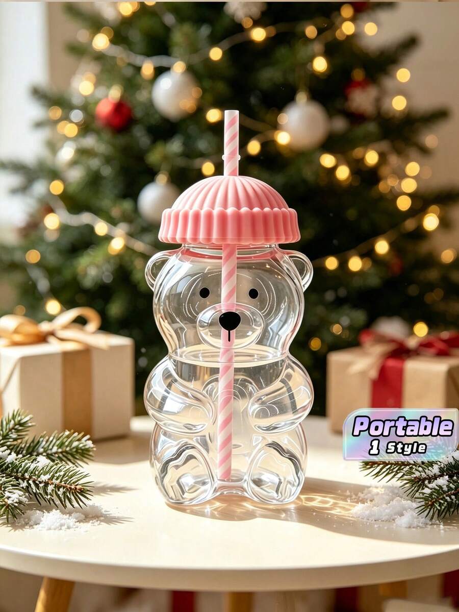 1Pc Cute Bear Shaped Heat Resistant Glass Cup With Lid & Straw, Honey Bear Sippy Mug For Coffee Beer Wine Cocktail, Home Kitchen Party Drinkware, Xmas New Year Gift. - Multicolor - View 1