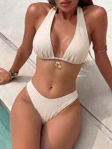 Swim SXY 女款夏季海灘純色掛脖綁帶性感比基尼三角褲兩件式泳衣套裝 - 米色 - 查看 1