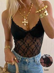 SHEIN EZwear 女士性感黑色花卉蕾丝透视吊带背心，夏季 - 黑色 - 查看 1
