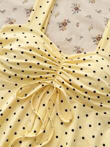 Teen Girls Polka Dot Pattern Knit Texture Ruched Chest Casual Fitted Camisole - Multicolor - View 7