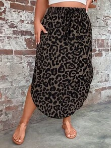 Comfylo Plus Size Leopard Print Skirt, Casual Minimalist Style, Suitable For Summer - Multicolor - View 5
