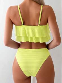 Swim Mod Conjunto de bikini de volantes con estampado floral y rayas para vacaciones de verano de mujer - Amarillo - Ver 2