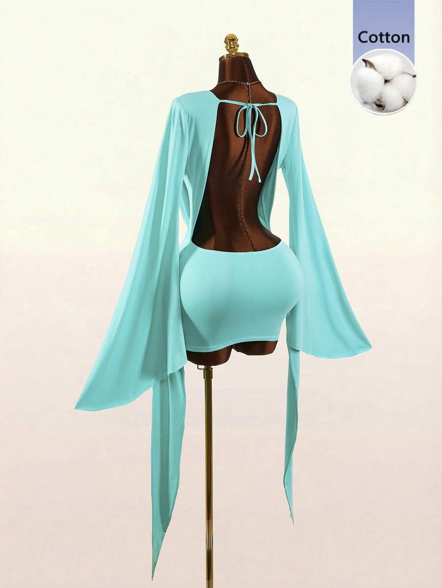 Amplova Romantic Low-Cut Draped Neckline Large Bell Sleeve Bodycon Fitted Mini Dress - Green - View 1