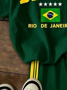 青少年女孩休閒極簡時尚運動球衣風，休閒極簡 BRASIL 圖案，對比色短袖與短褲兩件套，適合夏季，圖案、Y2K、舒適，女孩套裝，世界盃 - 彩色 - 查看 6