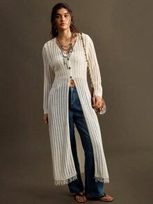 Nubod Plus Size Loose Casual Vacation Hollow Out Button Knit Cardigan Fall - White - View 6