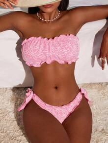 SHEIN Swim 女款夏季海灘度假花卉刺繡荷葉邊平口性感熱帶可愛飄逸保守時尚比基尼兩件式泳衣套裝 粉色 - 粉色 - 查看 5