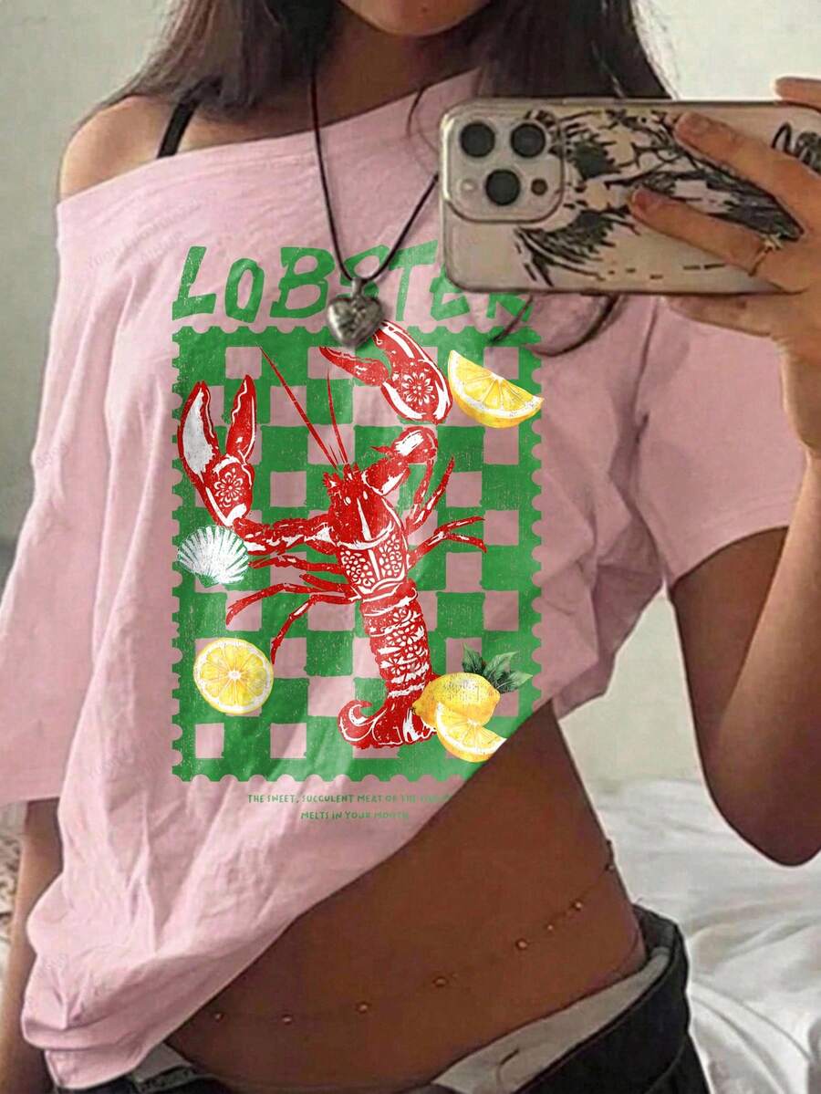 SHEIN EZwear 95%棉休閒極簡印花落肩短袖寬鬆女款T恤,舒適復古優雅通勤百搭暖綠色格紋龍蝦檸檬印花圖案,海灘穿搭、度假穿搭、夏季女裝 - 白色 - 查看 1